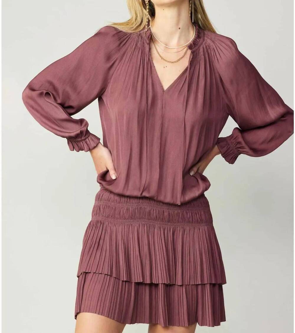 NEW CURRENT AIR pleated long-sleeve mini dress in mauve
